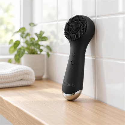 Elektrisk ansiktsborste i silikon lutad mot vitt kakel på en ekhylla i badrummet