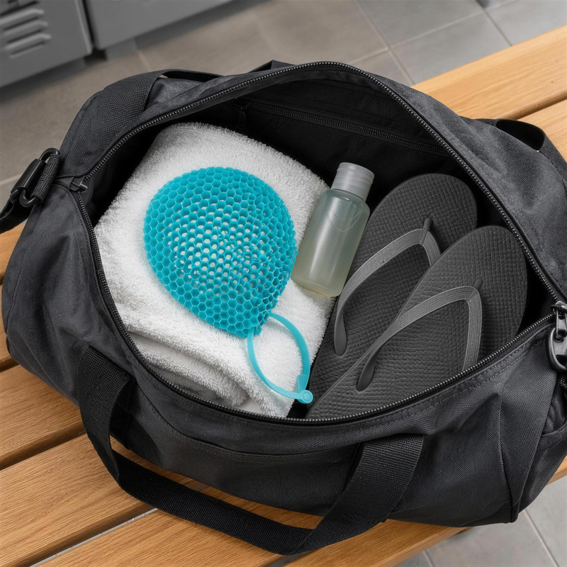 Blå skrubbvante i en gymväska med handduk och duschtofflor
